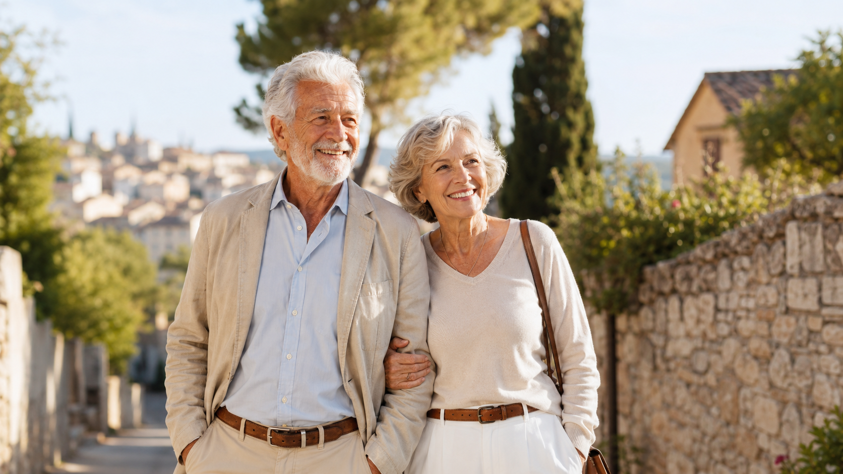 Couple de seniors souriants à Montpellier, accompagnés pour une vente en viager